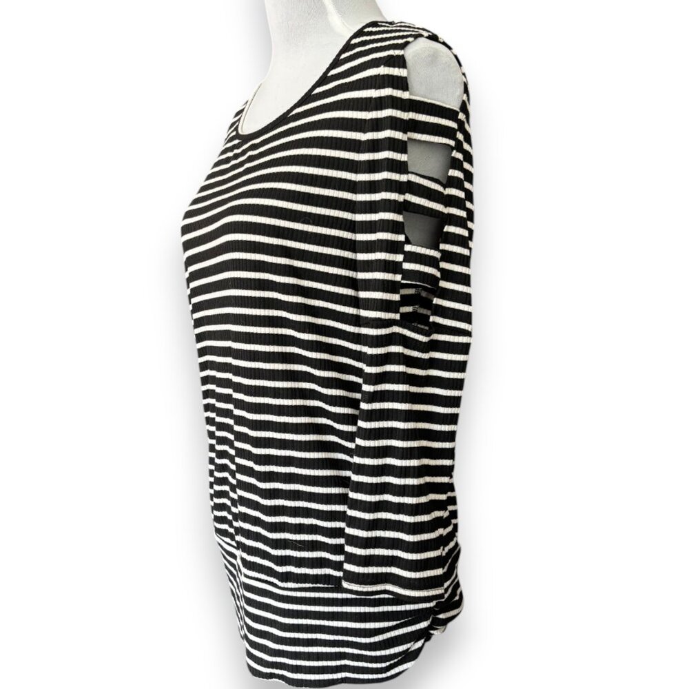 Apt 9 women's black and white striped ribbed cutout 3/4 sleeve tunic top sz M
